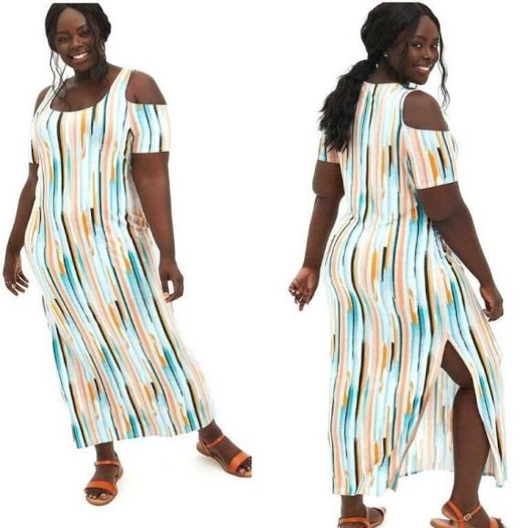 TORRID COLD SHOULDER ABSTRACT STRIPED DRESS NWT 1X - Picture 1 of 3